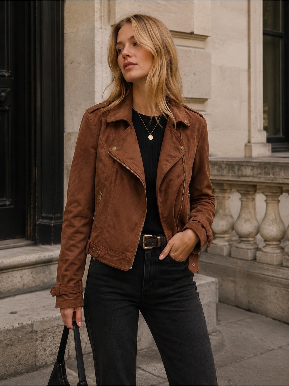BNCI Blank Noir Caramel Brown Faux Suede Moto Jacket X-Small